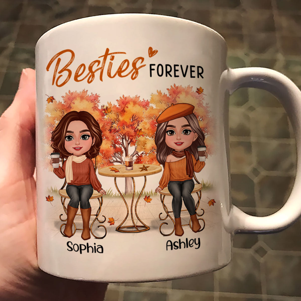 Fall Season Besties Sisters Sitting Table Personalized Mug