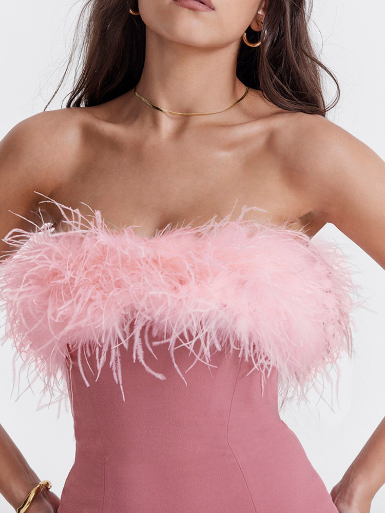 Pink Feather Trim Strapless Mini Dress