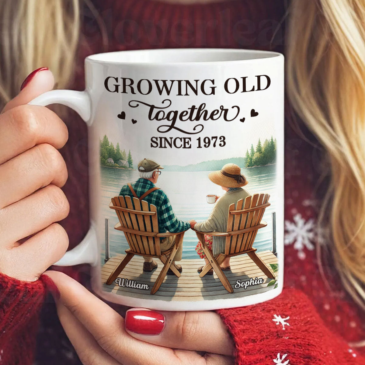 Back View Old Couple Sitting Together On The Lake Dock Personalized Mug, Heartfelt Gift For Him, For Her, Husband, Wife