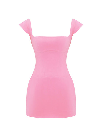 Square Neck Cap Sleeves Mini Short Dress