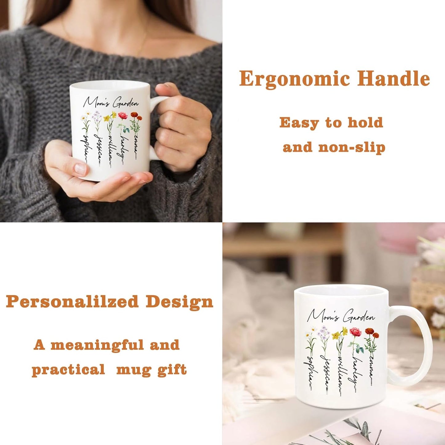 Personalized Mama Coffee Mug Custom Photo Birth Flower Mug, Gift for Mom Birthday Mother's Day Christmas Gift