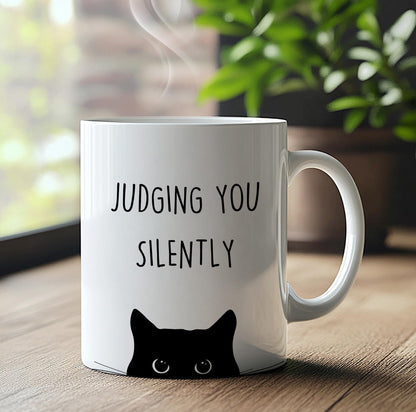Judging You Silently Coffee Mug Funny Black Cat Lover Gift for Cat Mom Dad Women Men, Cat Lover Birthday Gift