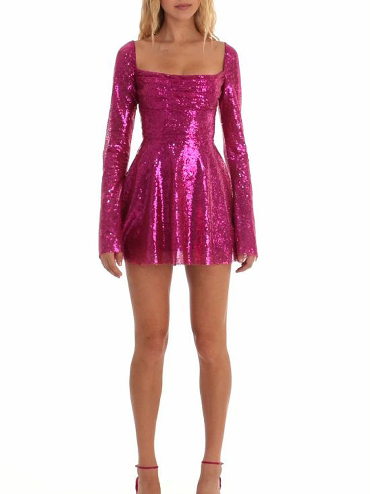 Sequin Lace-up Back Long Sleeves Flare Mini Dress