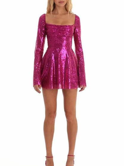 Sequin Lace-up Back Long Sleeves Flare Mini Dress