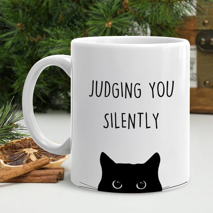 Judging You Silently Coffee Mug Funny Black Cat Lover Gift for Cat Mom Dad Women Men, Cat Lover Birthday Gift