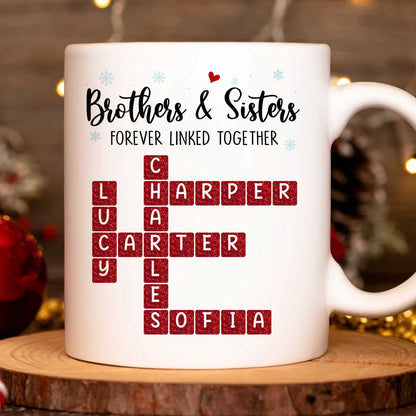 Brothers And Sisters Forever Linked Together Festive Theme Crossword Puzzle Art - Personalized Mug - Gift For Siblings, Family
