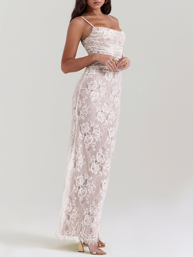 Wedding Vintage Cream Lace Maxi Dress With Gloves