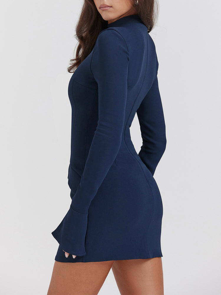 Navy Fluted Cuffs Long Sleeve Bodycon Mini Dress