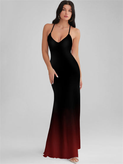 CATALINA Black Gradient Print Backless Plunge Maxi Dress