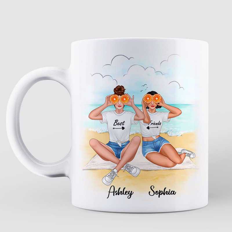 Besties Best Friends Sitting On The Beach Personalized Mug