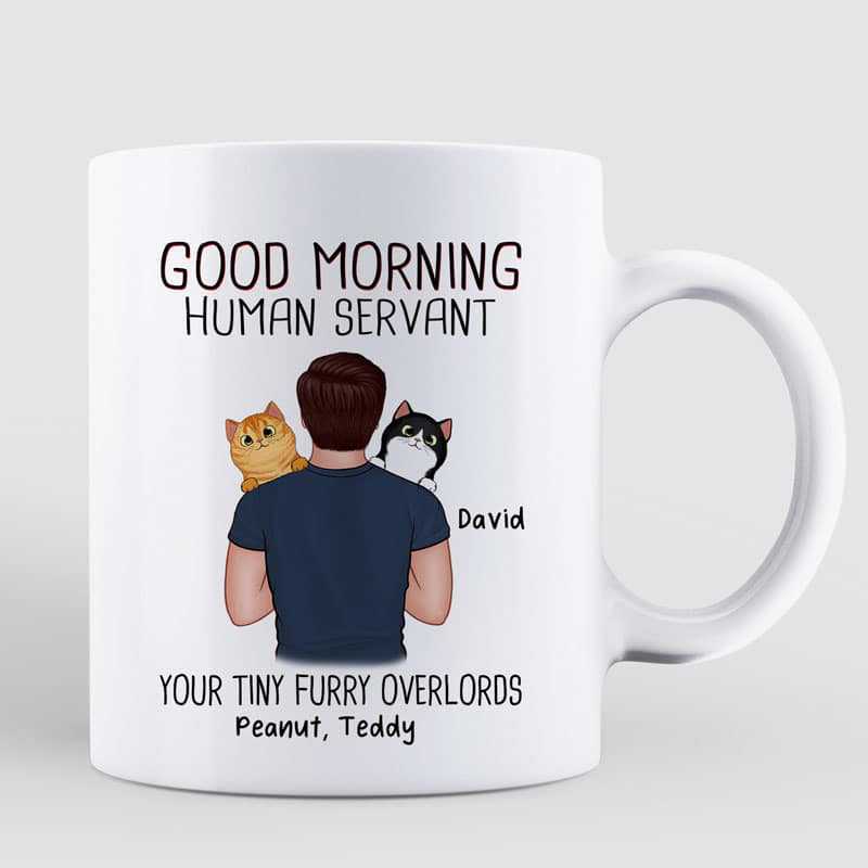 Man Carrying Cats Good Morning Happy Father's Day Human Servant Gift For Cat Dad Personalized Mug