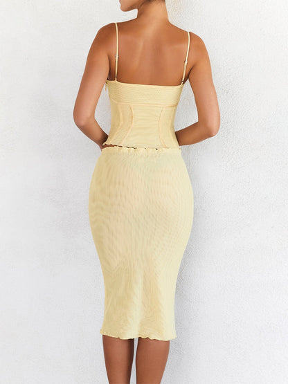Butter Strappy Ruched Top Knee Length Skirt Set