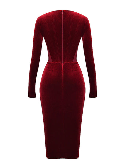 Wine Velvet Corset Lace Trim Long Sleeve Midi Dress