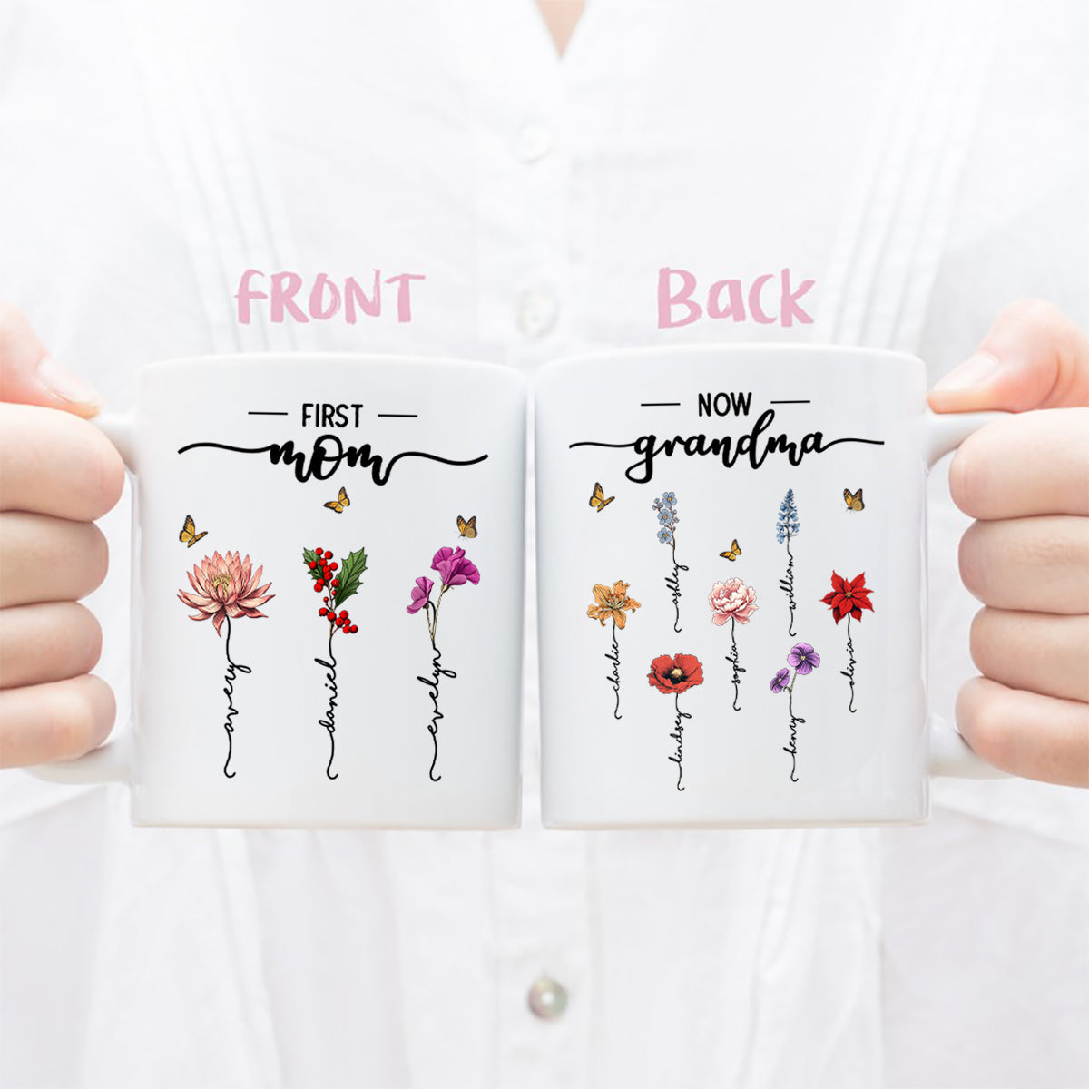 First Mom Now Grandma Birth Flower Personalized Mug