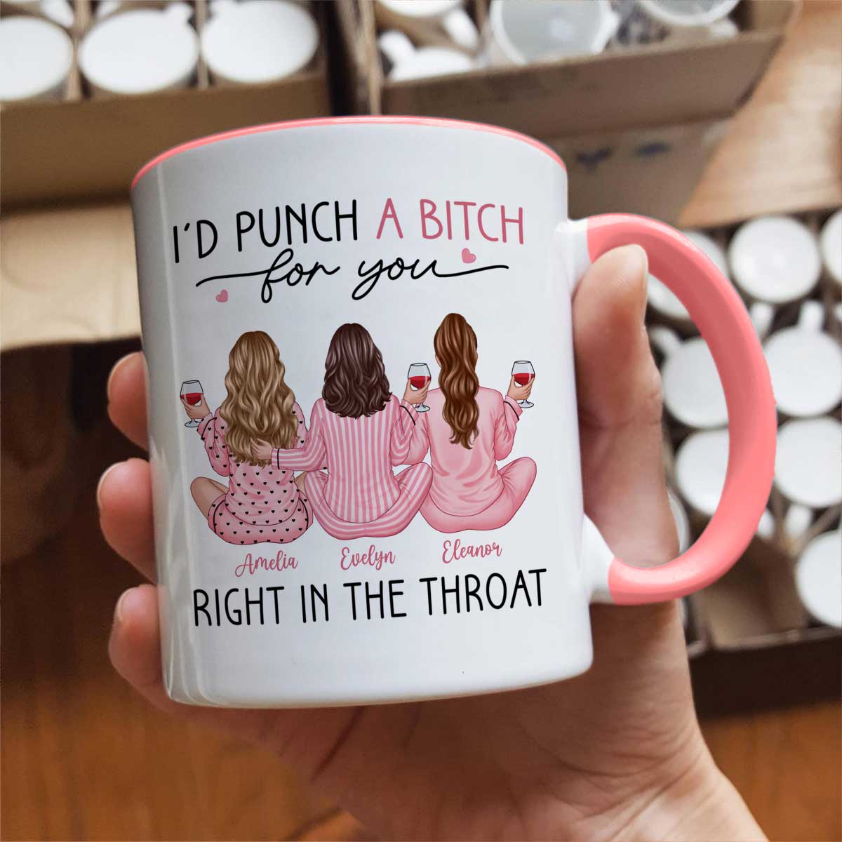 Besties In Pink Pajamas, I'd Punch A Bitch For You Personalized Mug, Funny Christmas, New Year Gift, Galentine's Day Gift For Best Friends