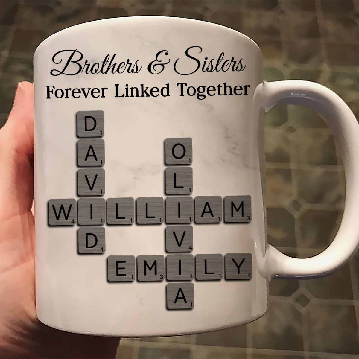 Brothers Sisters Forever Linked Together Crossword - Personalized Mug - Sentimental Gift for Siblings
