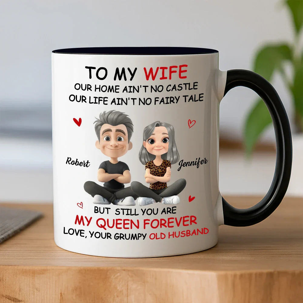 Personalized White Ceramic Mug for Wife from Husband, Cute Cartoon Couple, My Queen Forever, Unique Romantic Gift