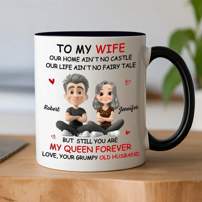 Personalized White Ceramic Mug for Wife from Husband, Cute Cartoon Couple, My Queen Forever, Unique Romantic Gift
