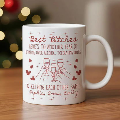 Besties White Ceramic Mug Personalized with Funny Quote, Cute Wine Glass Art, Perfect Unique Gift for Friends and Coworkers