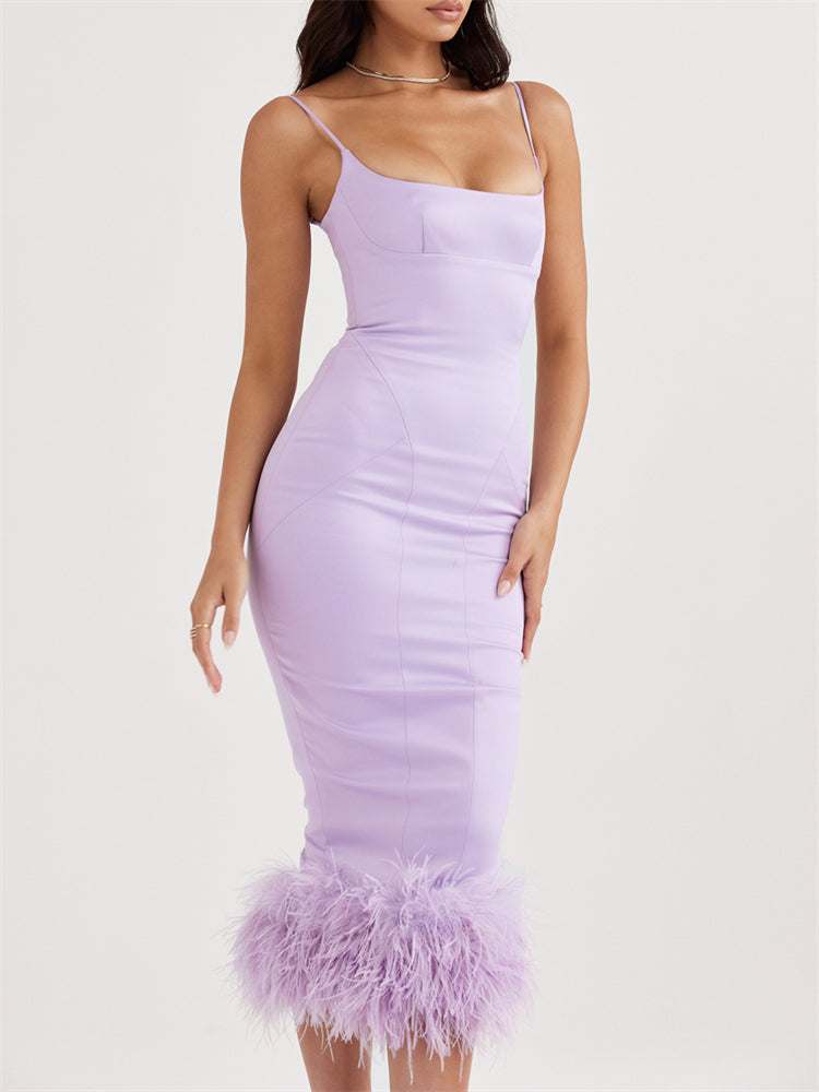 Spaghetti Straps Feather Satin Midi Dress