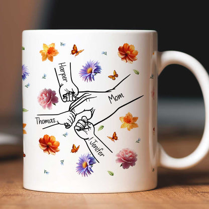 Grandma Mom 3D Effect Birth Flower Kids Holding Hand Outline Personalized Mug