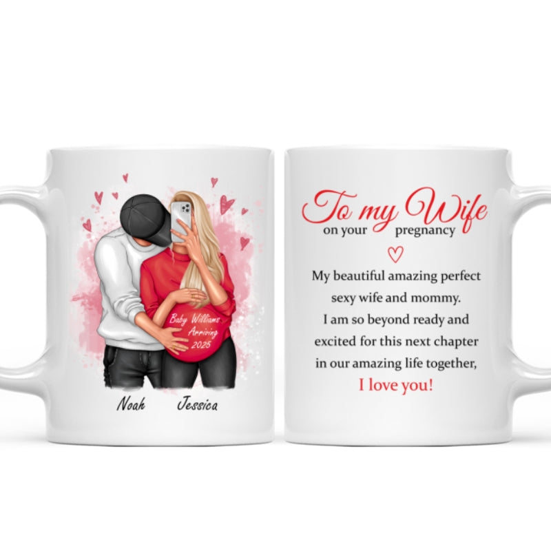 Personalized Pregnant Wife Mug, Hugging Couple, Expecting From Husband Gift, Mom To Be Vday Gift, Romantic Pregnancy Gift