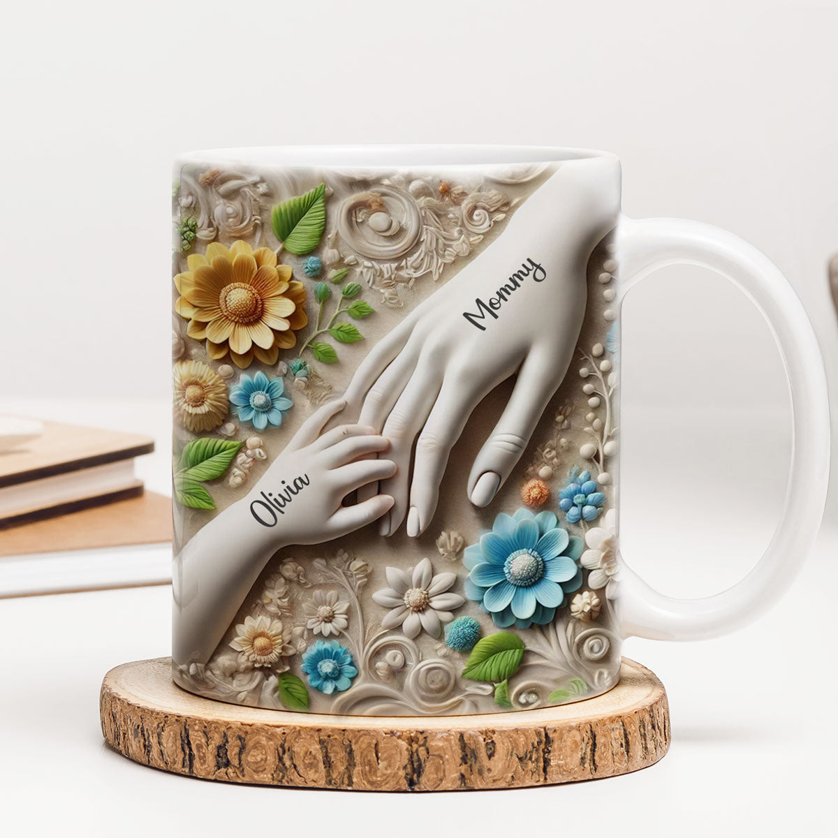 Daughter Son Holding Mother Hand Personalized 3D Effect Mug, Gift for Mom, Grandma