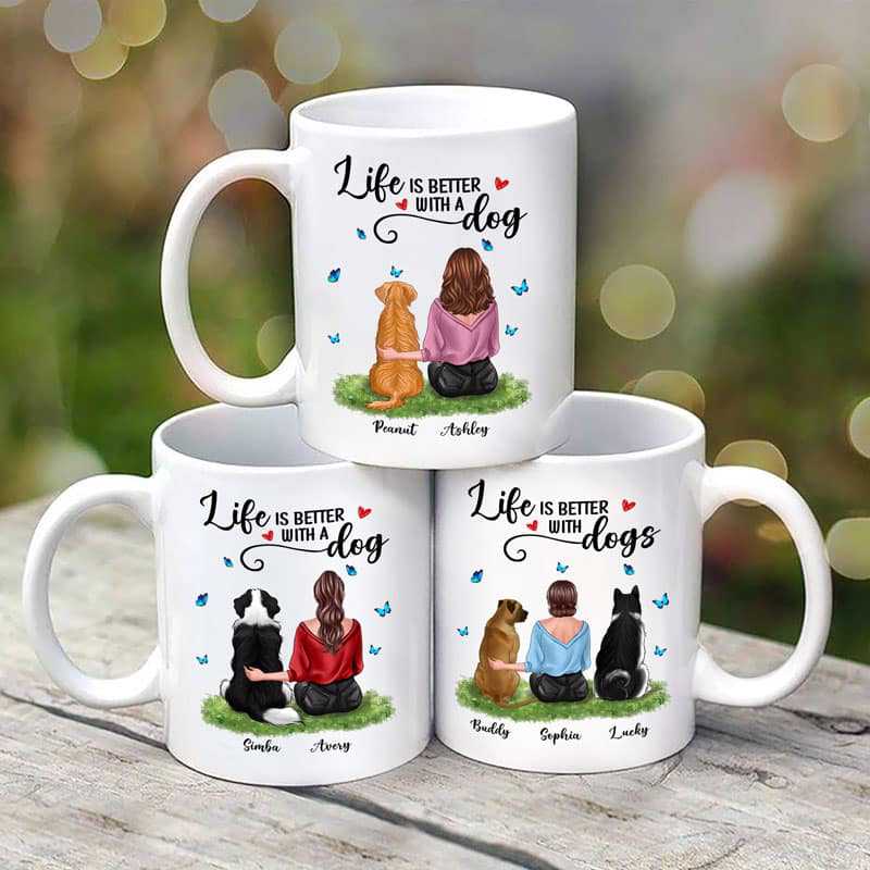 Butterflies Life Is Better With A Dog Woman Sitting Back View Personalized Mug