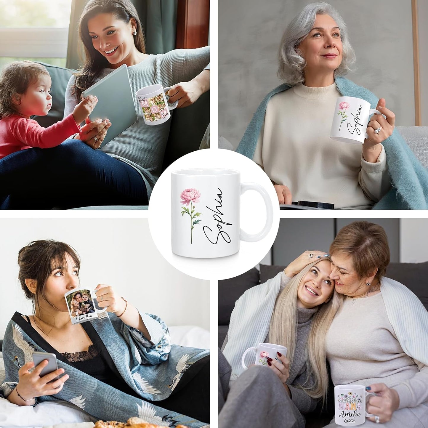 Personalized Mama Coffee Mug Custom Photo Birth Flower Mug, Gift for Mom Birthday Mother's Day Christmas Gift