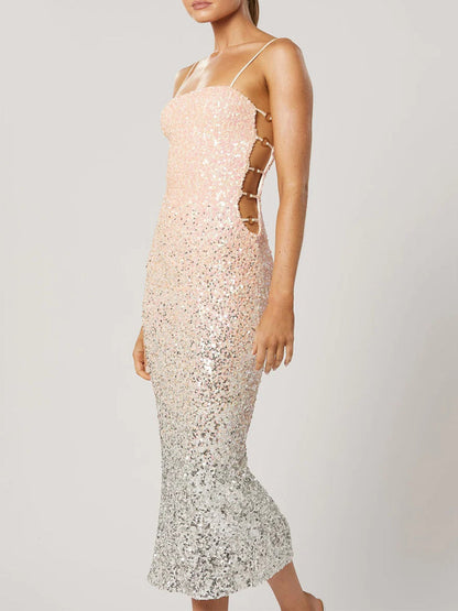 Gradient Silver Pink Sequin Cutouts Back Slit Midi Dress
