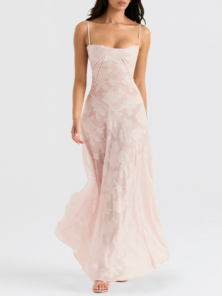 Elegant Thin Straps Floral Lace Maxi Dress