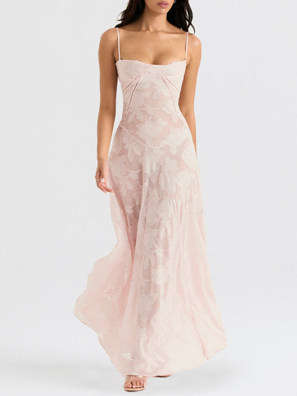 Elegant Thin Straps Floral Lace Maxi Dress