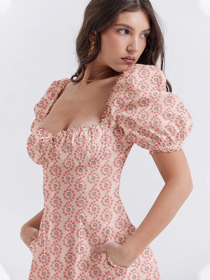 Floral Print Square Neckline Puff Sleeves Maxi Dress