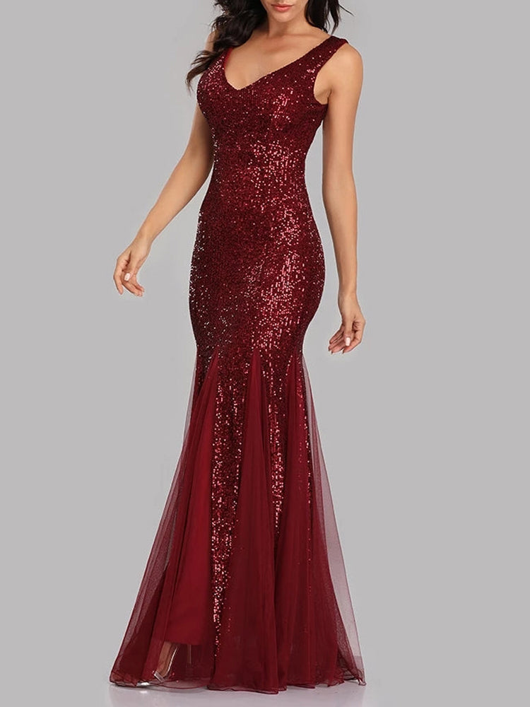 Sequin Tulle V-Neck Mermaid Floor Length Prom Dresses