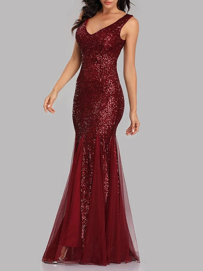 Sequin Tulle V-Neck Mermaid Floor Length Prom Dresses