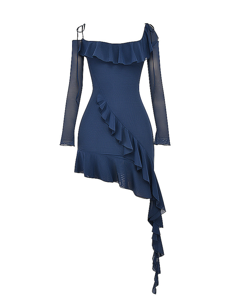 Navy Ruffle Mesh Long Sleeve Asymmetric Mini Dress