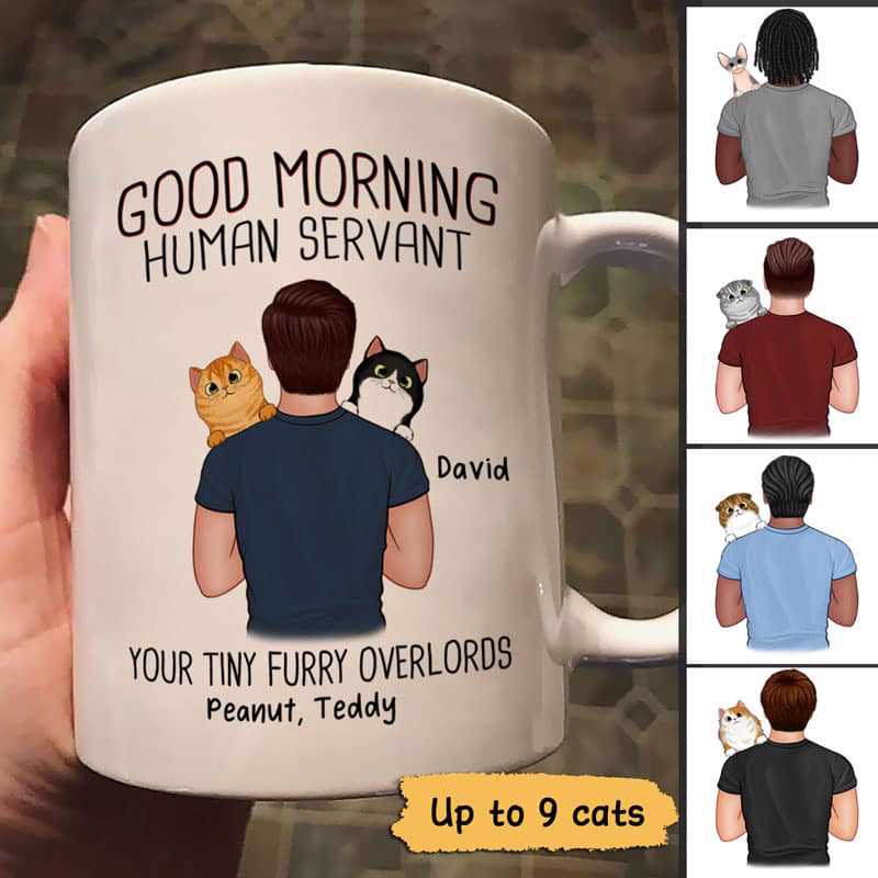 Man Carrying Cats Good Morning Happy Father's Day Human Servant Gift For Cat Dad Personalized Mug