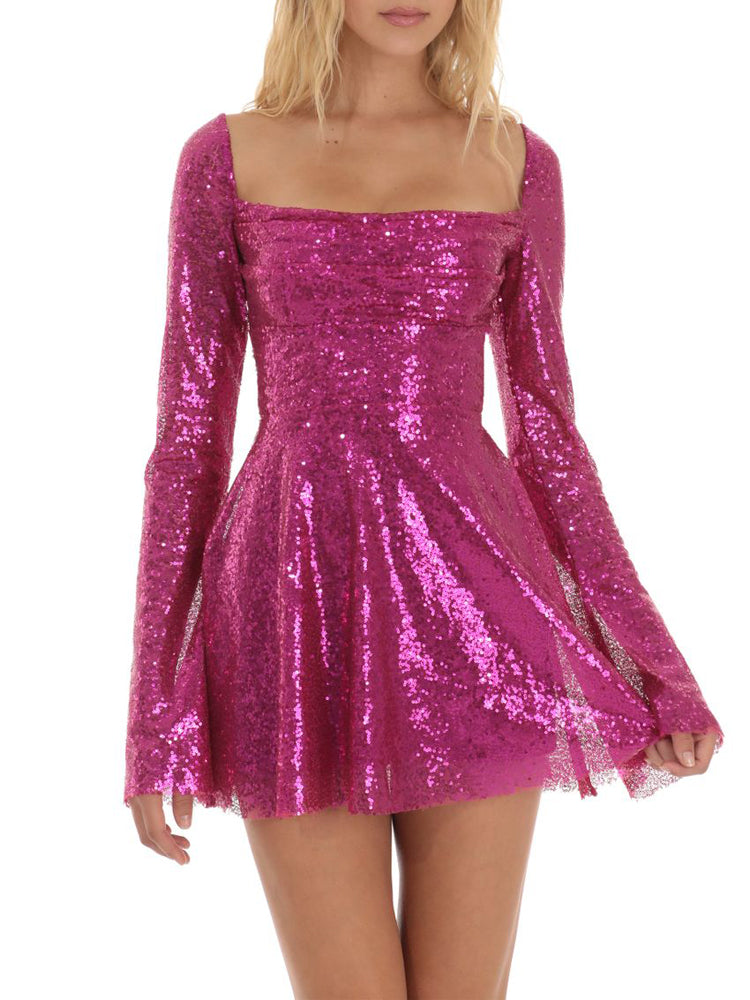 Sequin Lace-up Back Long Sleeves Flare Mini Dress