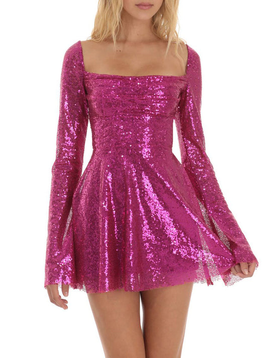 Sequin Lace-up Back Long Sleeves Flare Mini Dress