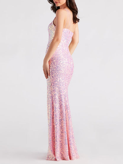 One-Shoulder Sequin High Side Slit A-line Formal Dress