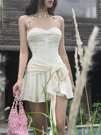 Halter Bow Front Tie A-line Mini Dress