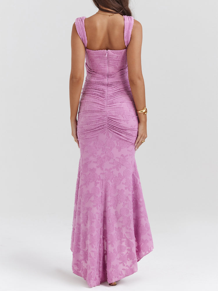 Rose Pink Floral Corset Ruffle Ruched Maxi Dress