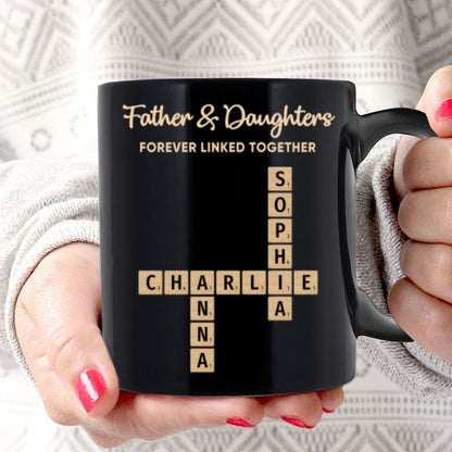Father & Daughters Sons Forever Linked Together Crossword Puzzle Art Personalized Mug, Heartfelt Father's Day Gift For Dad