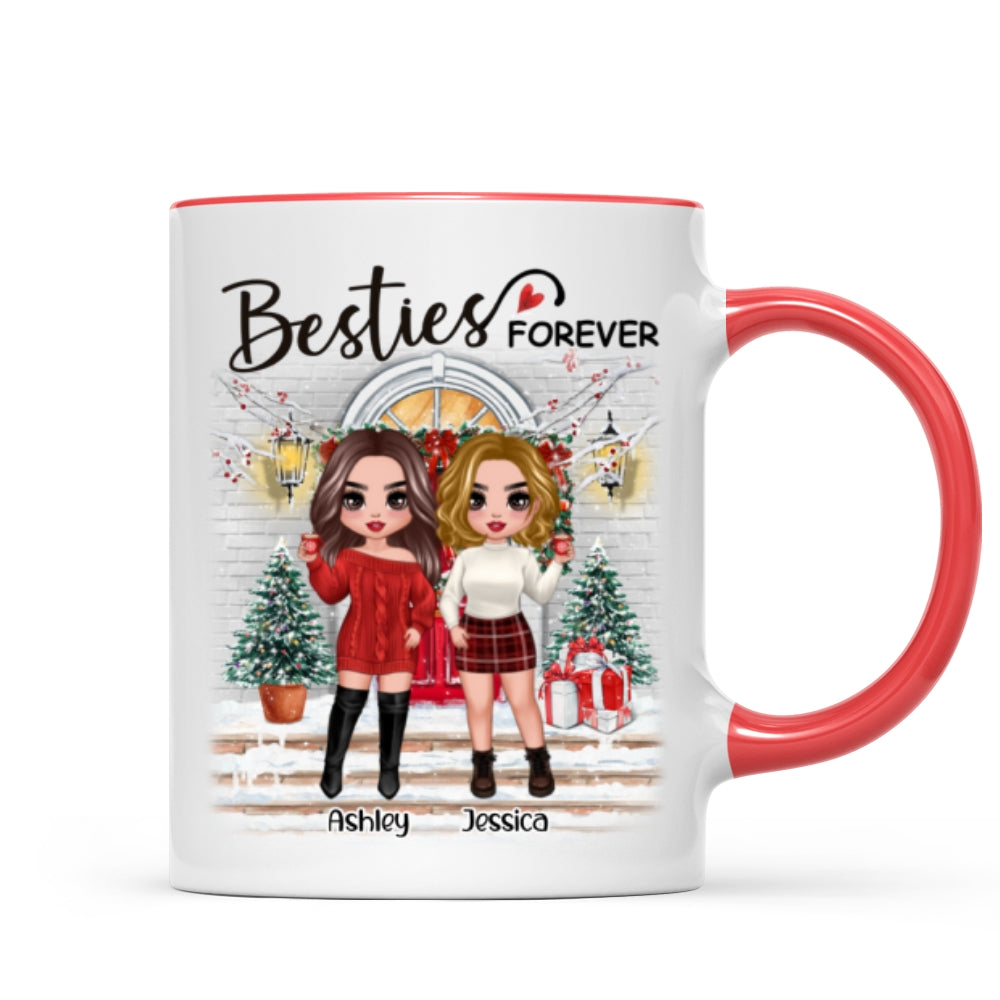 Christmas Doll Besties Standing On Front Porch Personalized Mug