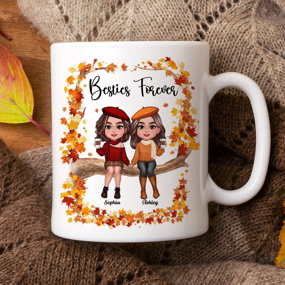 Besties Sisters Sitting On Fall Season Branch Personalized Mug