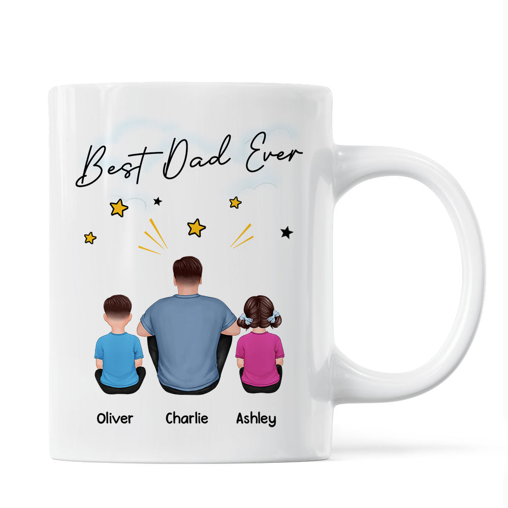 Happy Father's Day To Our Hero Back View Sitting Dad Kids Dog Cat Personalized Mug