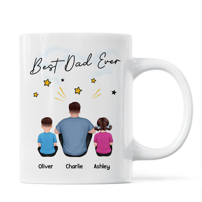 Happy Father's Day To Our Hero Back View Sitting Dad Kids Dog Cat Personalized Mug