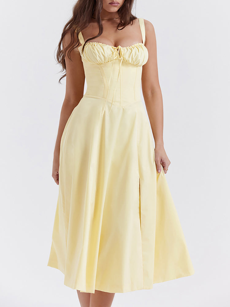 High Waist Back Lace Up Side Slit Midi Dress
