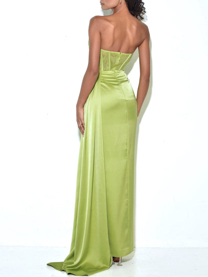 Lime High Slit Satin Mesh Corset Gown