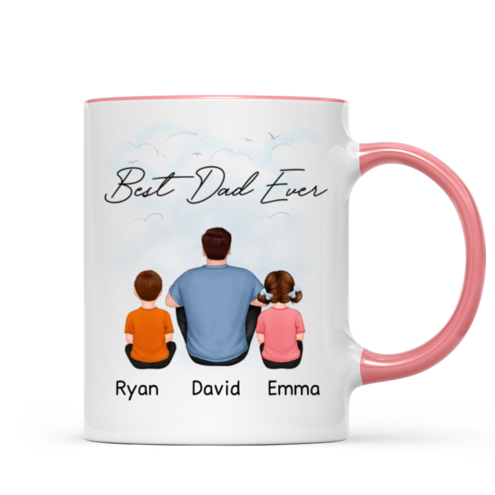 Back View Dad And Kids Dogs Cats Sitting Father's Day Gift For Dad Personalized Mug